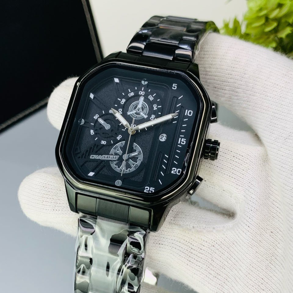 CHAXIGO Men's Full Black Square Dial Watch | Black Stainless Steel Chain | Chronograph Style | Luxury Business Wristwatch